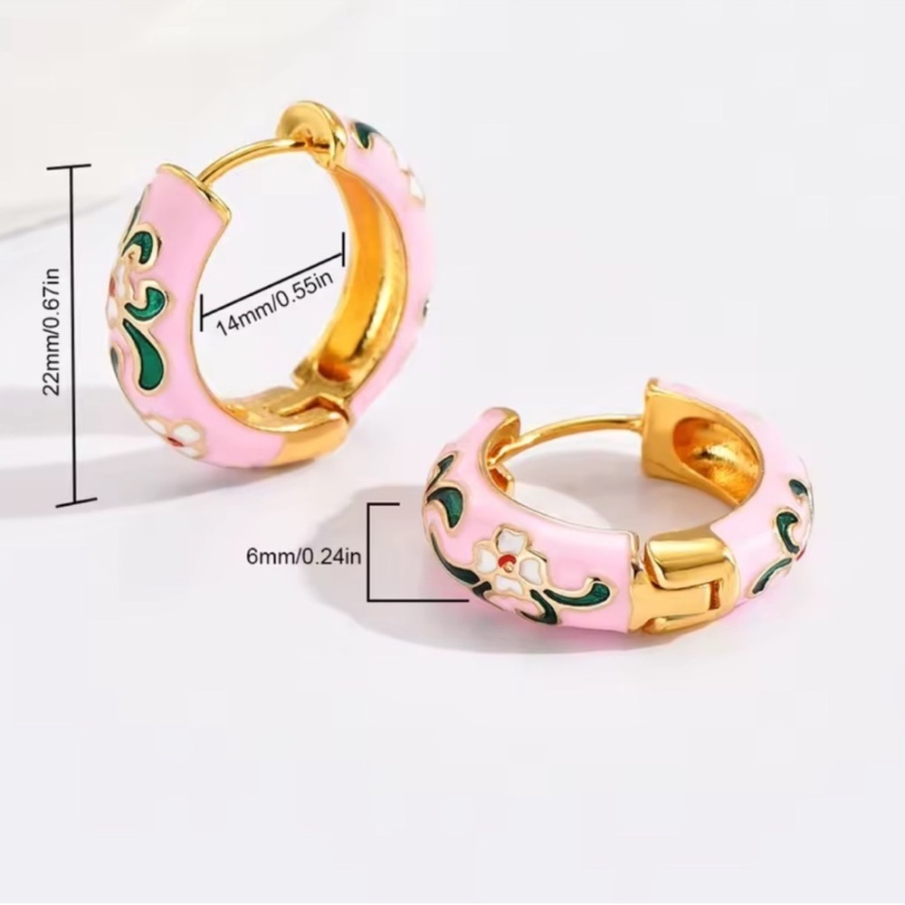 Blue Floral Gold Hoop Earrings - Picture 5 of 7